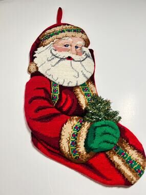 Needlepoint Santa 3D Christmas Tree Holiday Stocking Embroidered No Name